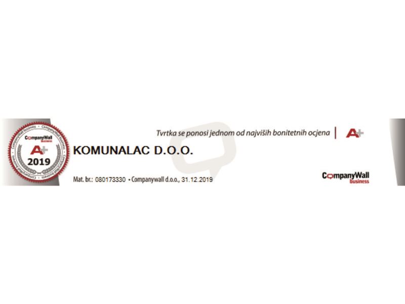 Komunalcu dodijeljen certifikat bonitetne izvrsnosti